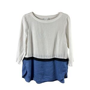 J. Jill Love Linen Color Block 3/4 Sleeves Tunic Top Small White Blue Coastal